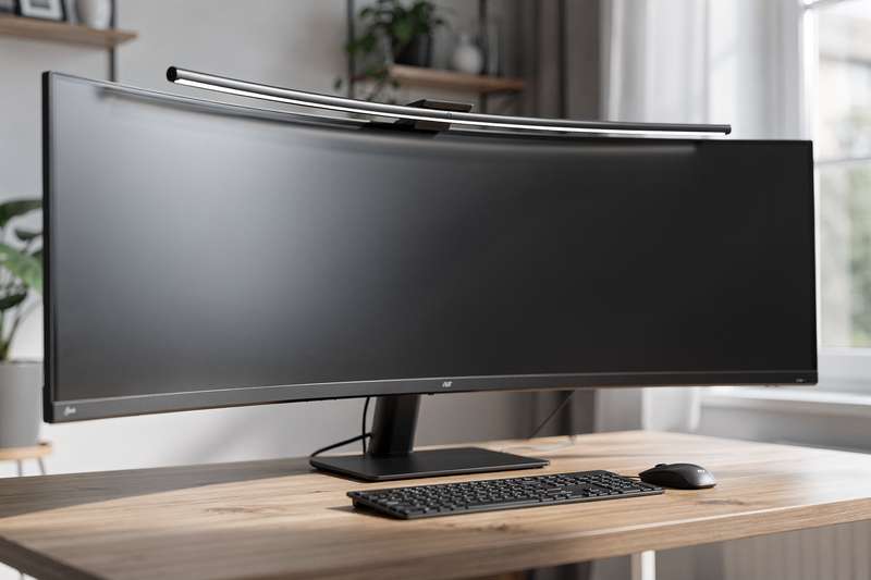 Premium monitor light bar positioned above a curved ultrawide 49-inch display screen in modern office setup.