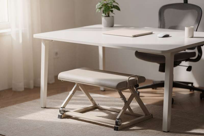 Compact adjustable footrest positioned beneath desk supporting feet of person with shorter leg length.