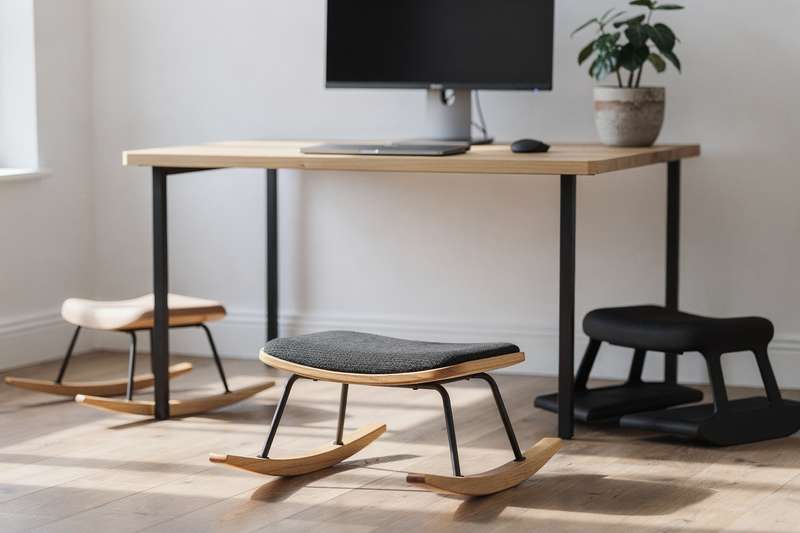 Adjustable rocking footrest positioned under a desk workspace to support active sitting and movement during work.