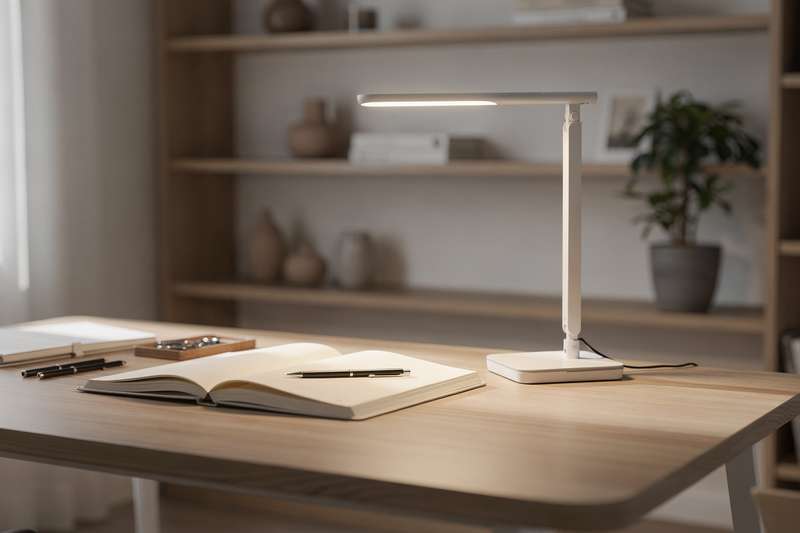 Modern LED desk lamp with adjustable arm positioned over a home office workspace with laptop and documents.