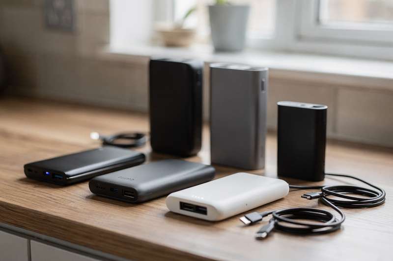Compact power banks arranged on a desk showing various battery capacities and charging ports for mobile devices.
