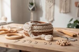Essential macrame materials including cords, beads, and knotting tools arranged on a work surface.