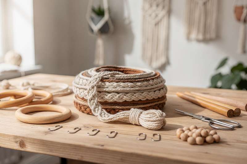 Essential macrame materials including cords, beads, and knotting tools arranged on a work surface.