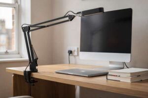 Adjustable clamp desk lamp mounted on wooden office desk with warm lighting.