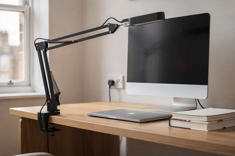 Adjustable clamp desk lamp mounted on wooden office desk with warm lighting.