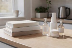 Curated selection of skincare books and beginner-friendly product kits displayed together on a neutral surface.