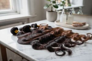 Different textures and lengths of human hair bundles displayed for styling options.