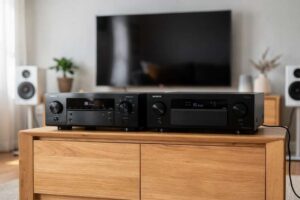 Premium AV receivers and amplifiers displayed in a modern UK home cinema setup with surround sound speakers.