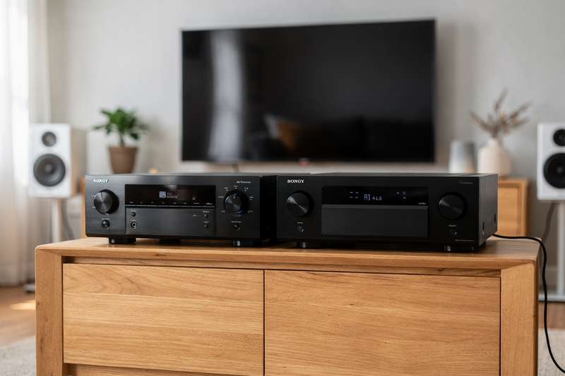 Premium AV receivers and amplifiers displayed in a modern UK home cinema setup with surround sound speakers.