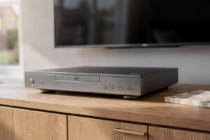 Modern DVD player and recorder devices displayed on a wooden surface in a home entertainment setup.