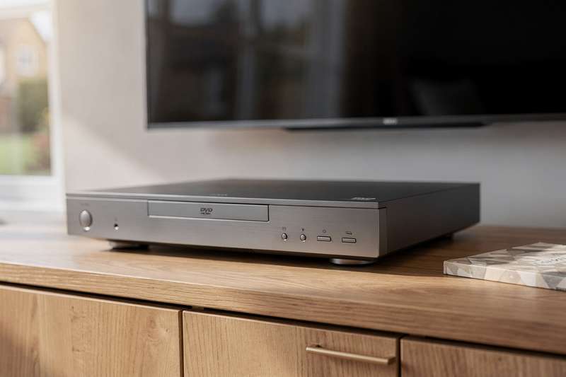 Modern DVD player and recorder devices displayed on a wooden surface in a home entertainment setup.