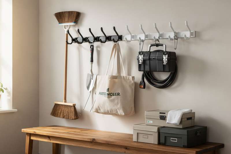Wall-mounted storage hooks in various styles and finishes displayed in a modern kitchen interior.