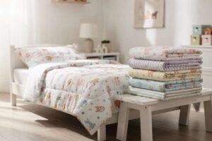 Colorful children's bedding sets arranged to show durability and design variety for kids' bedrooms.