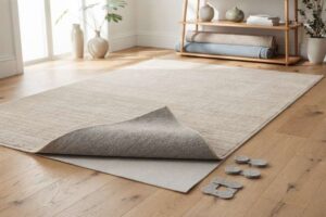 Variety of high-quality rugs, protective pads, and floor protectors displayed in different styles and materials for UK homes.