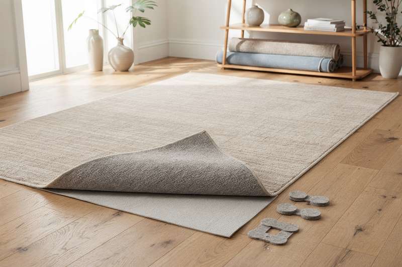 Variety of high-quality rugs, protective pads, and floor protectors displayed in different styles and materials for UK homes.