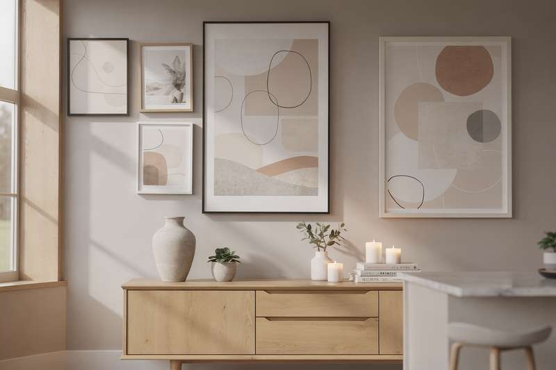 Curated collection of framed art prints and posters displayed on neutral UK living room walls.