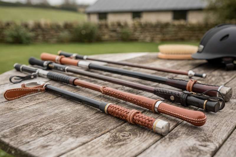 Selection of different horse riding crops and whips displayed for comparison and review.