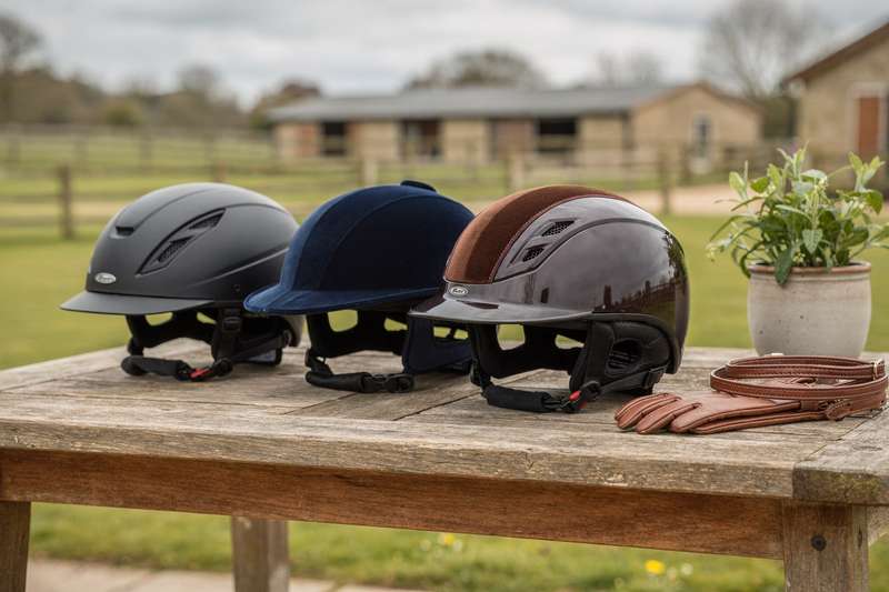 Selection of protective riding helmets and hats displayed for UK equestrian safety standards.