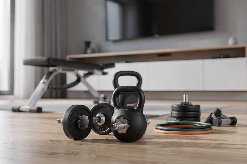 Essential strength training equipment displayed in a modern UK home gym setup.