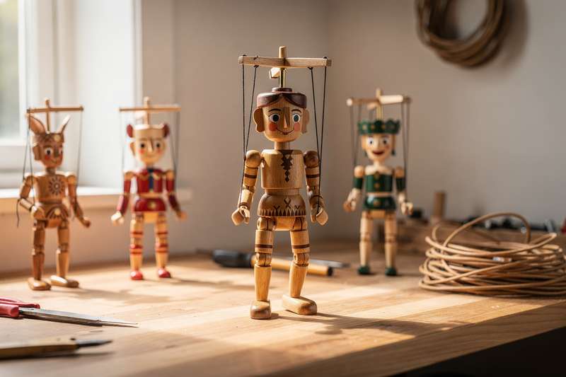 Colorful handcrafted string puppets arranged on display showing various designs and control mechanisms suitable for UK puppet...