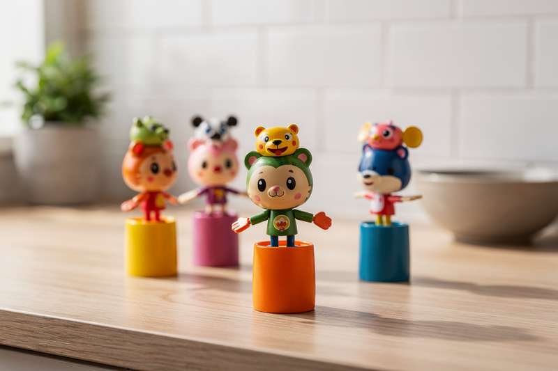 Colorful pop-up puppet toys displayed on a table showing various character designs for children's entertainment.