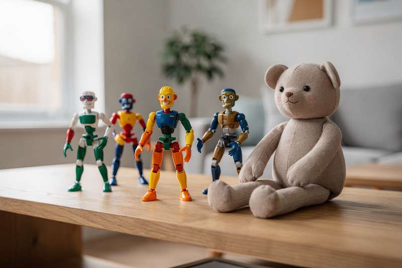 Colorful bendable figures and poseable toys arranged in creative poses on a display surface.