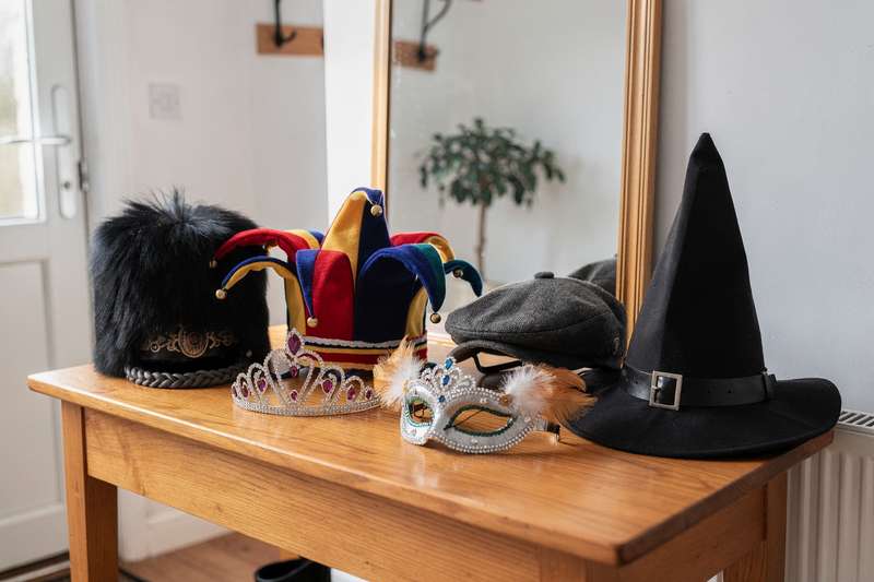 Assorted fancy dress headwear including crowns, hats, and accessories displayed on a neutral background.