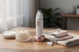 Woman examining facial hair removal options suitable for sensitive and normal skin types.