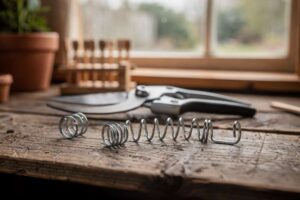 Close-up of replacement spring mechanisms for garden pruning shears in various sizes and finishes.