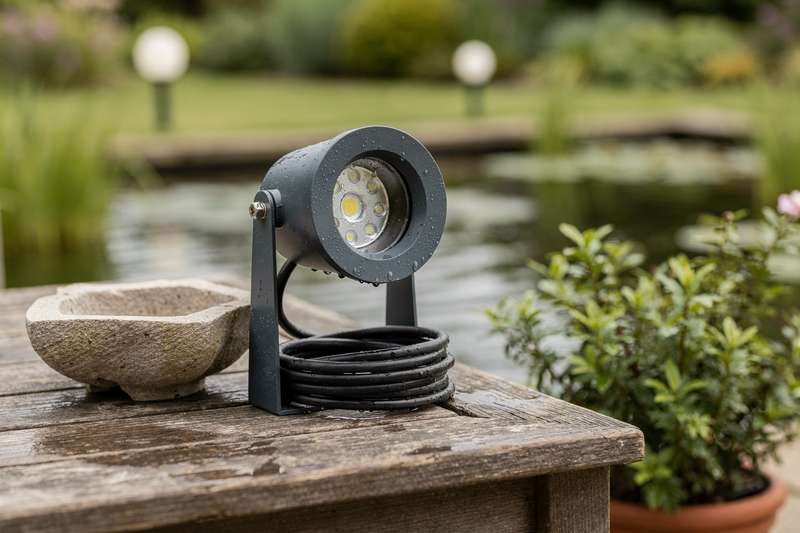 Submerged and surface pond lights illuminating a backyard water feature at dusk in a UK garden setting.