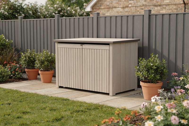 Decorative wooden and metal screening solutions disguising wheelie bins behind garden fencing and hedging.