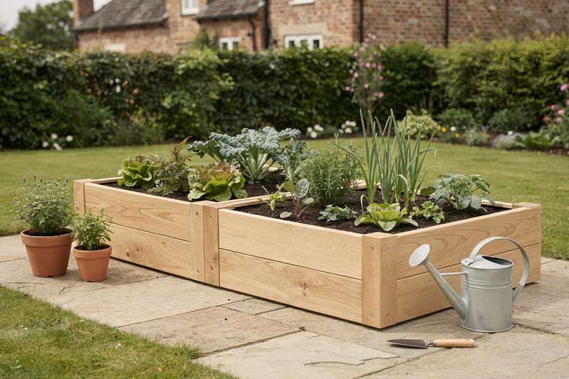 Wooden raised garden bed filled with soil and growing vegetables in a UK garden setting.