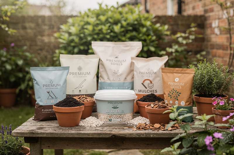 Premium soil amendments and mulch materials displayed for UK garden preparation.
