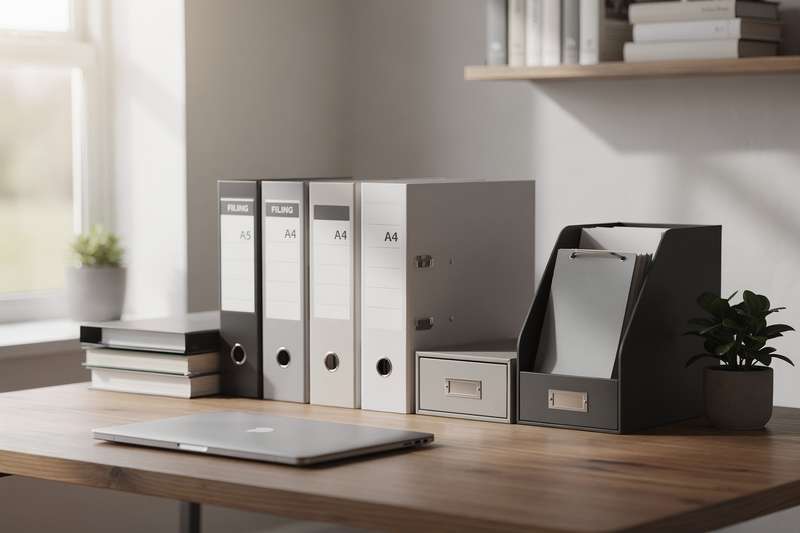 Selection of filing cabinets, document organizers, and storage boxes arranged on a modern home office desk.