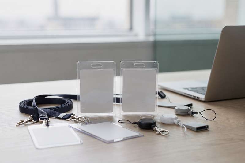 Variety of professional ID badges and lanyards displayed in an office setting.
