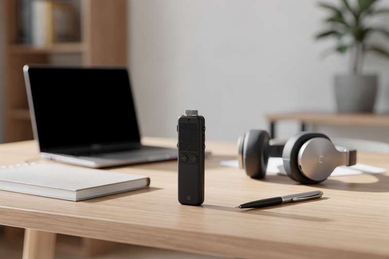 Professional voice recorder displaying waveform on screen during business meeting documentation.