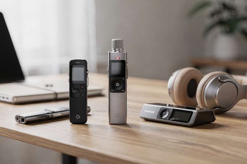 Professional voice recorders arranged by size and features for different recording applications.