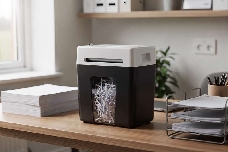 Compact paper shredder model displayed on a home office desk with scattered document strips.
