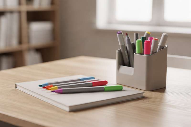 Colorful markers and highlighters arranged on a desk workspace for office and note-taking use.