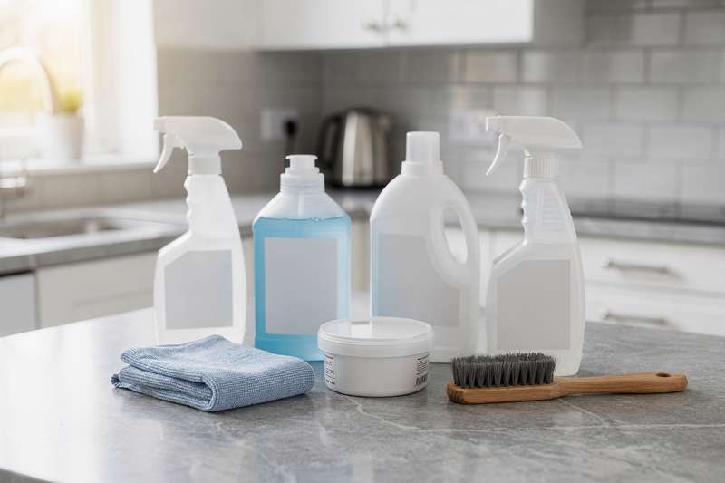 Top-rated cleaning products arranged on a kitchen counter demonstrating effective solutions for household use.