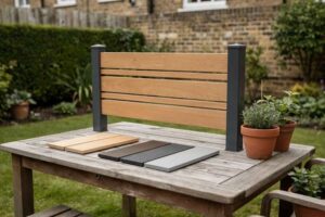 Various fence styles including wooden panels, metal railings, and composite materials installed in British garden settings.