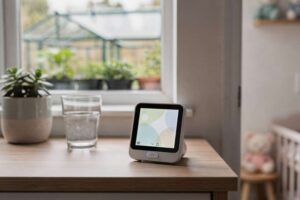Digital hygrometer displaying humidity levels in a modern kitchen environment.