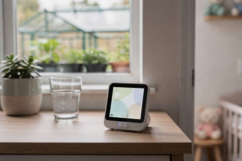 Digital hygrometer displaying humidity levels in a modern kitchen environment.