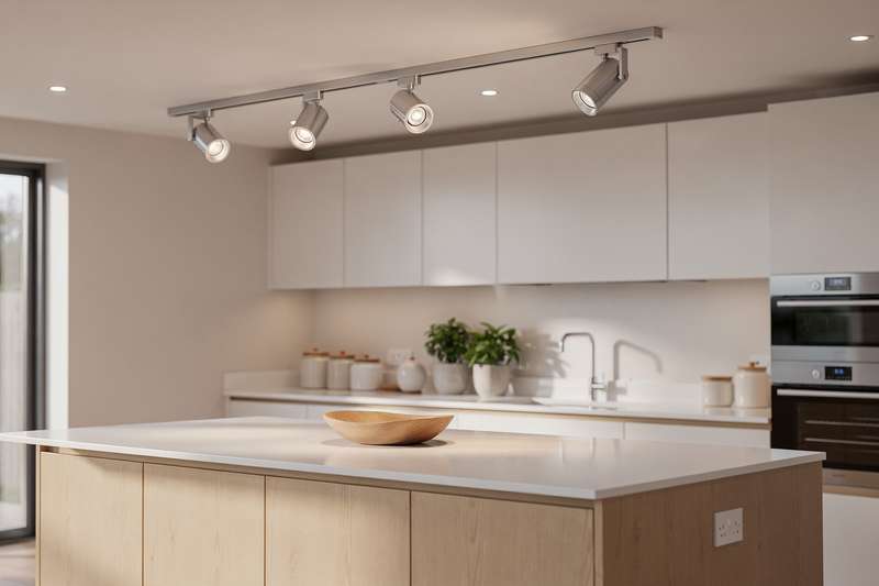 Modern ceiling spotlight bar installation in a contemporary kitchen with multiple adjustable light heads.
