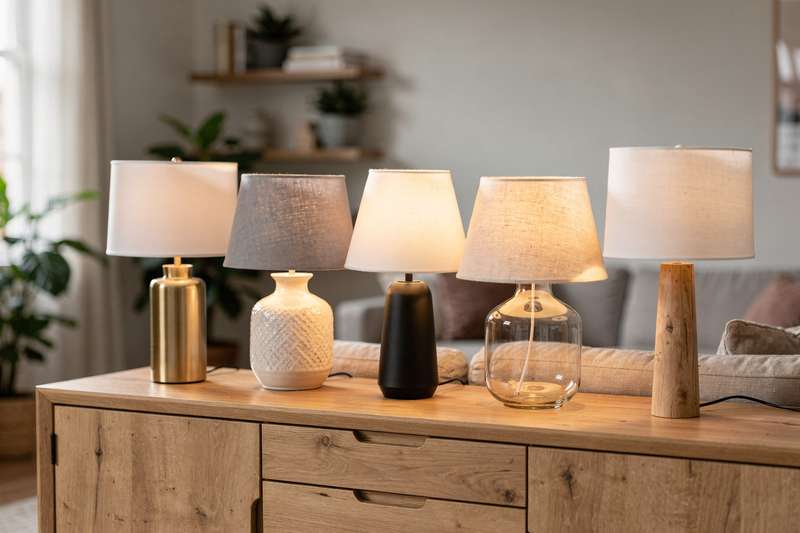 Modern lamp base and shade combinations arranged on a wooden surface in a contemporary living room setting.