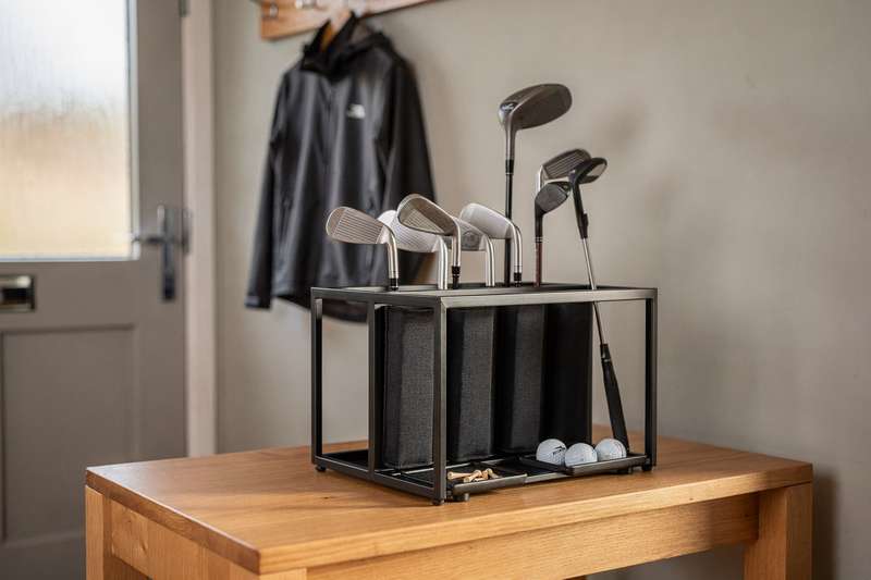 Assorted golf club organizers and storage solutions displayed for comparison and selection.