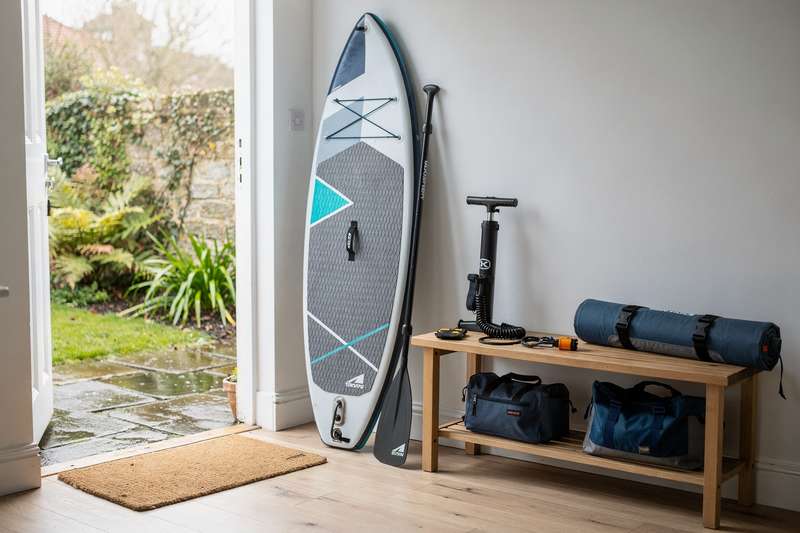 Beginner paddleboarder on calm water demonstrating proper stance and technique on a SUP board.