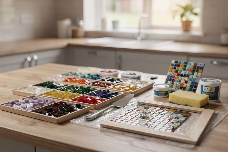 Colourful mosaic tiles and tools arranged on a crafting workspace for beginners.