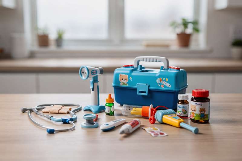 Child playing with toy stethoscope and medical instruments in pretend doctor clinic setup.
