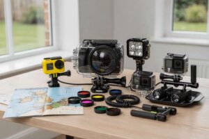 Waterproof camera equipment and underwater lighting gear arranged for diving photography demonstrations.